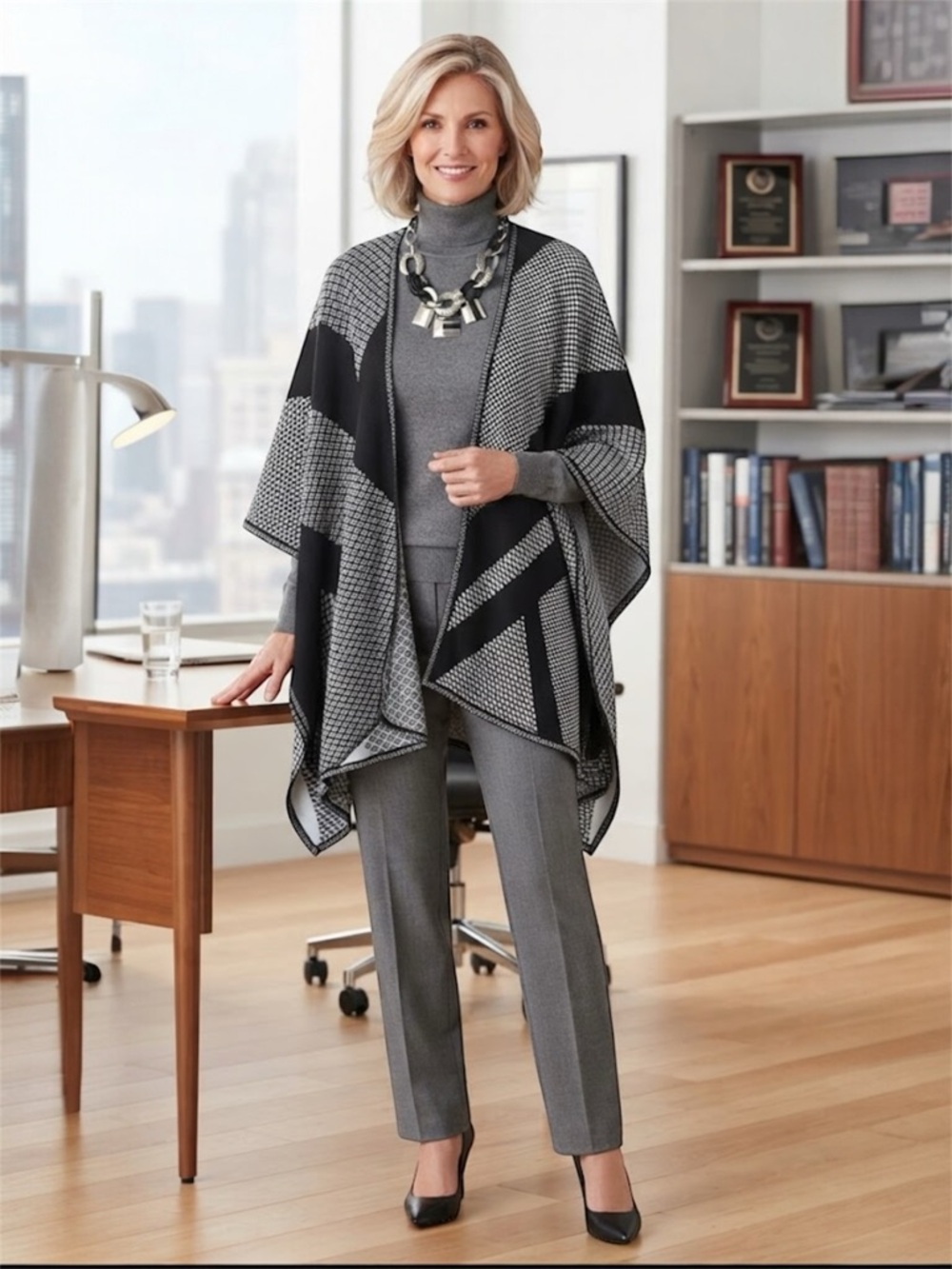 Chico’s Black White Open Front Poncho Cape Wrap Houndstooth Geometric One Size - Picture 5 of 9